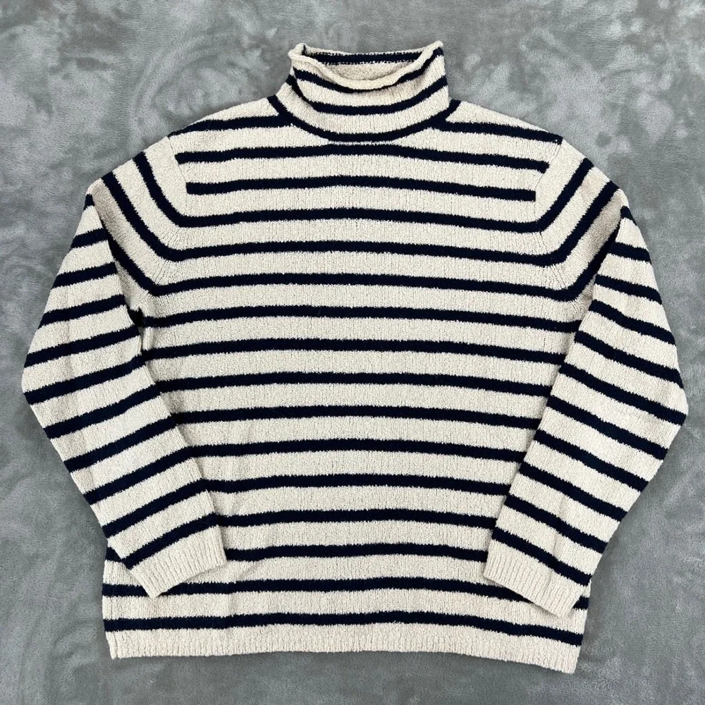 J.Crew Womens Small Ivory Navy Blue Striped Boucle Knit Turtleneck Sweater